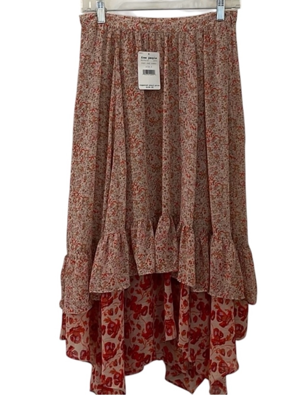 Free People Cream and Red Floral High-Low Tiered Skirt